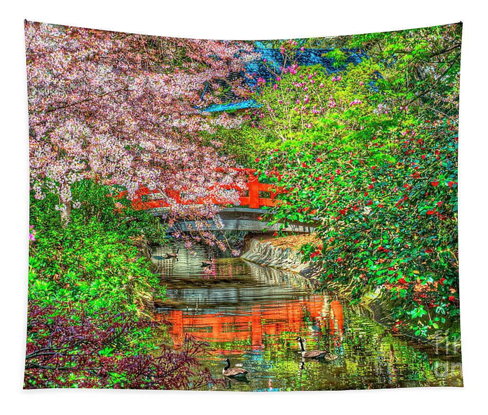 Descanso Gardens Features Nine Botanical Collections Tapestry featuring the photograph Descanso Gardens Cherry Blossoms stream by David Zanzinger