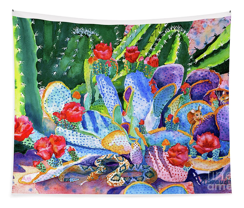 Red Tapestry featuring the painting Desert Cactus by Kathy Braud