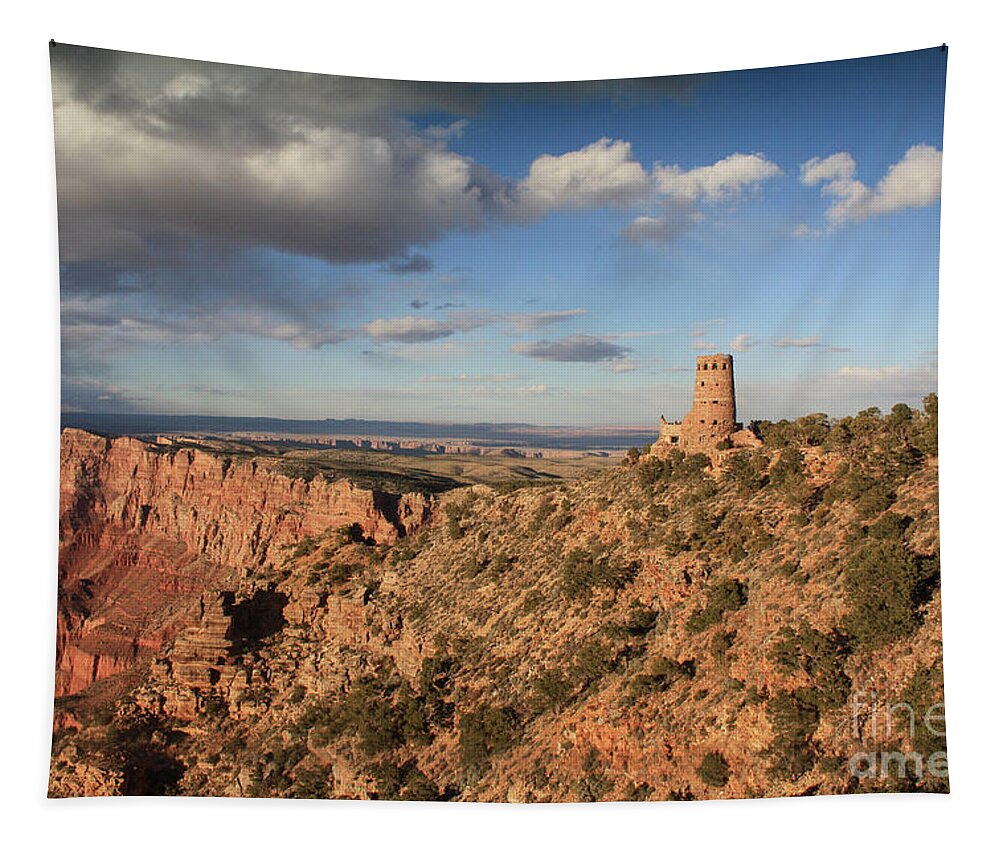 Desert Tower Sunlight Afternoon Grand Canyon Cliffs Blue Sky Clouds Tapestry featuring the photograph Desert tower point by Ed Stokes