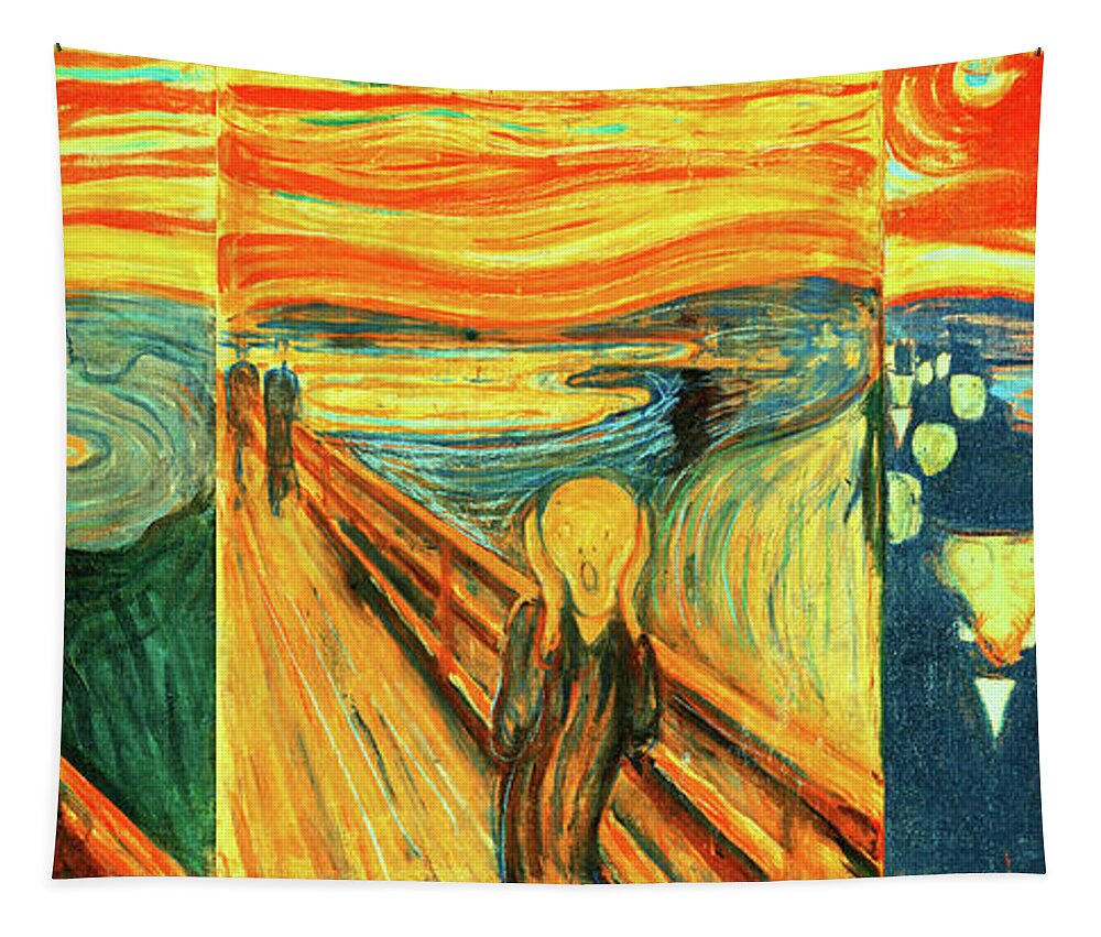 The Scream Tapestry featuring the digital art Despair, Scream and Anxiety by Edvard Munch - collage by Nicko Prints