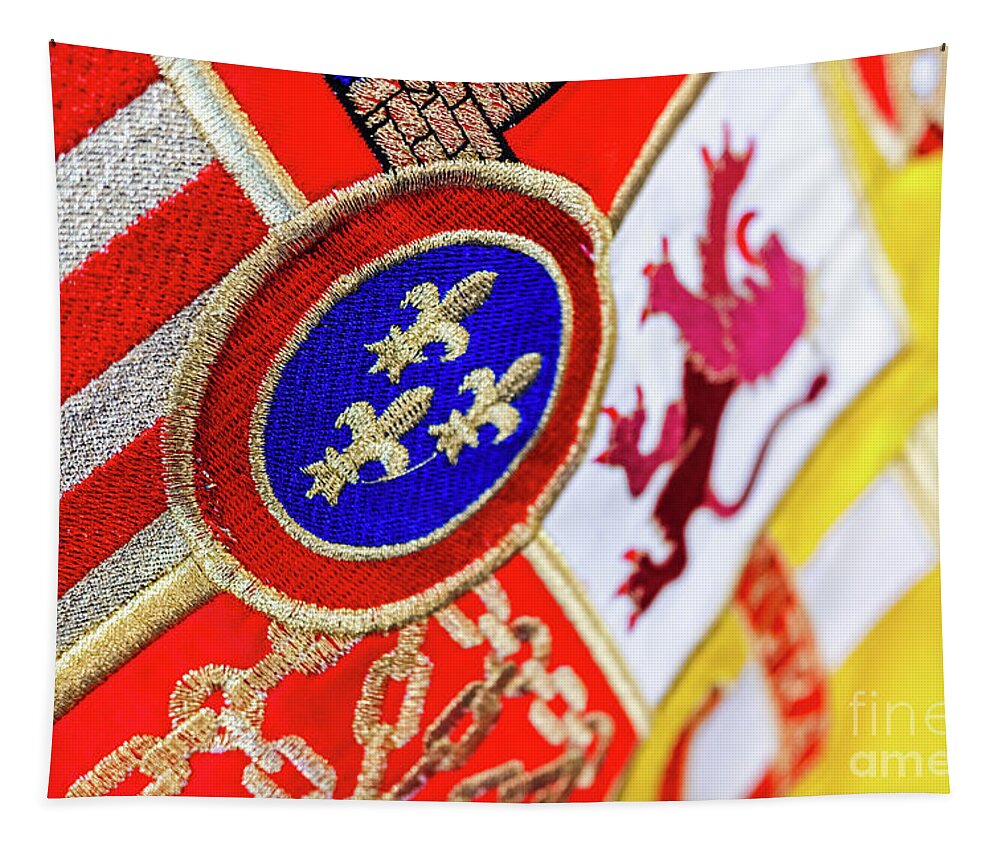 Background Tapestry featuring the photograph Detail of the historical shield of the national flag of Spain. by Joaquin Corbalan