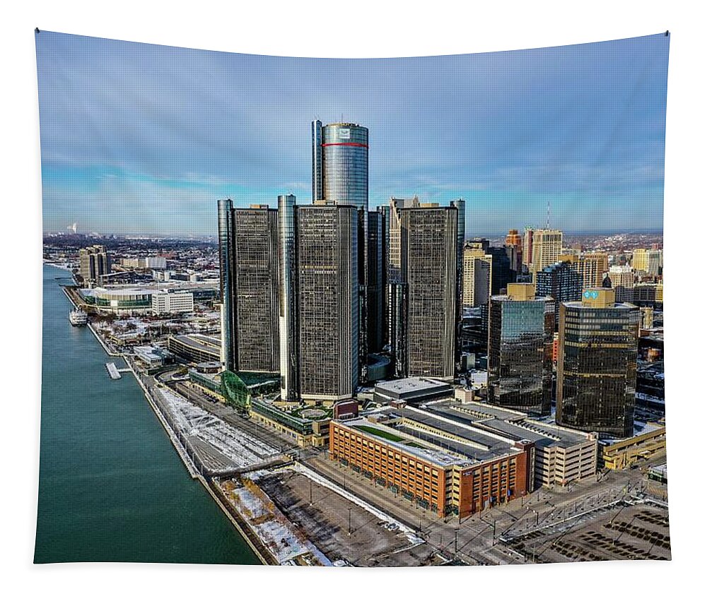 Detroit Tapestry featuring the photograph Detroit Ren Cen DJI_0475 by Michael Thomas