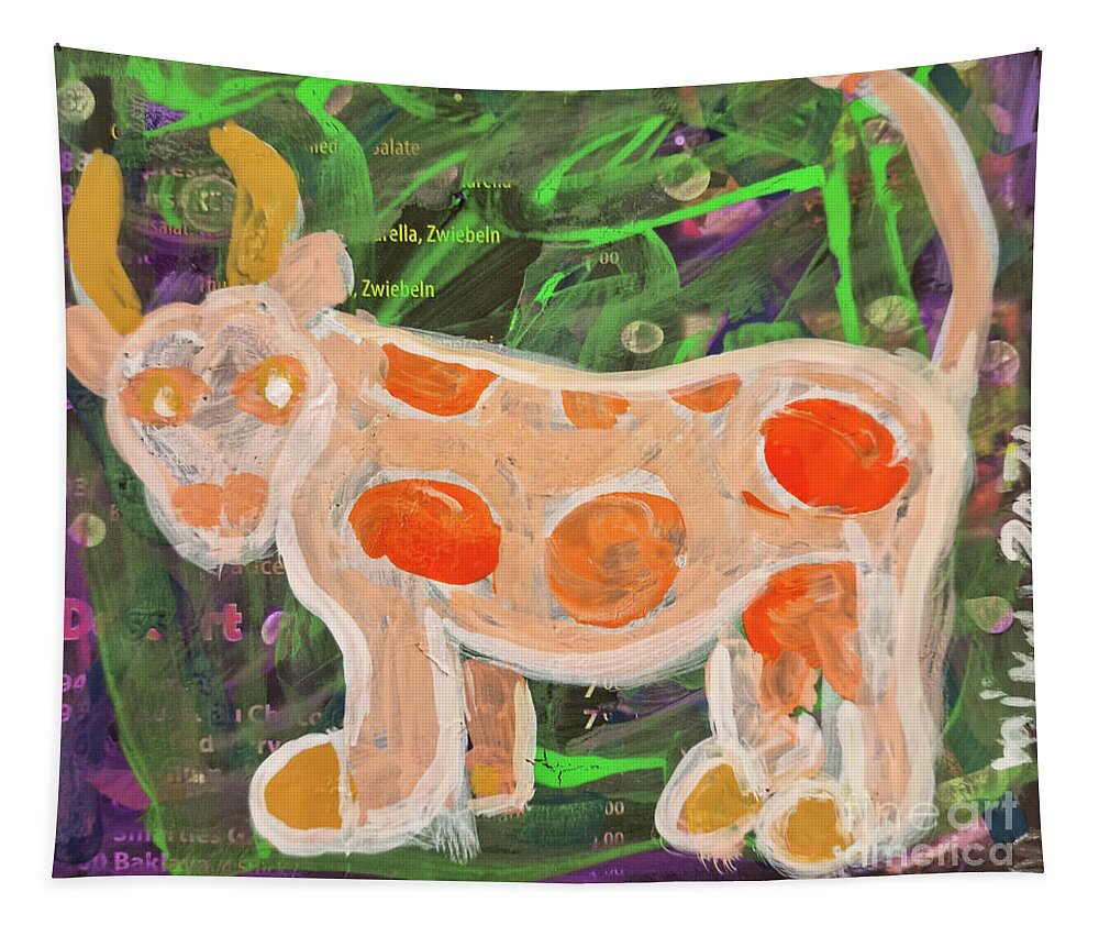 Cow Tapestry featuring the mixed media Die Orange-Gfleckte by Mimulux Patricia No