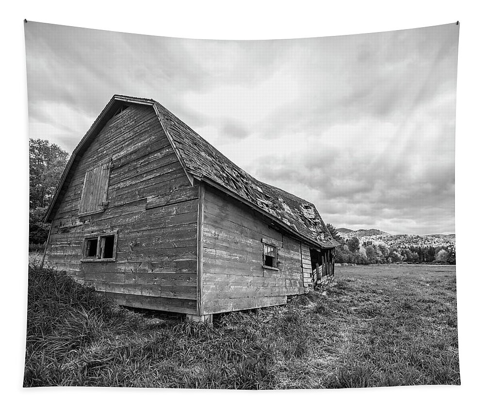 Dilapidated Tapestry featuring the photograph Dilapidated Barn Keene New York NY Route 73 Black and White by Toby McGuire