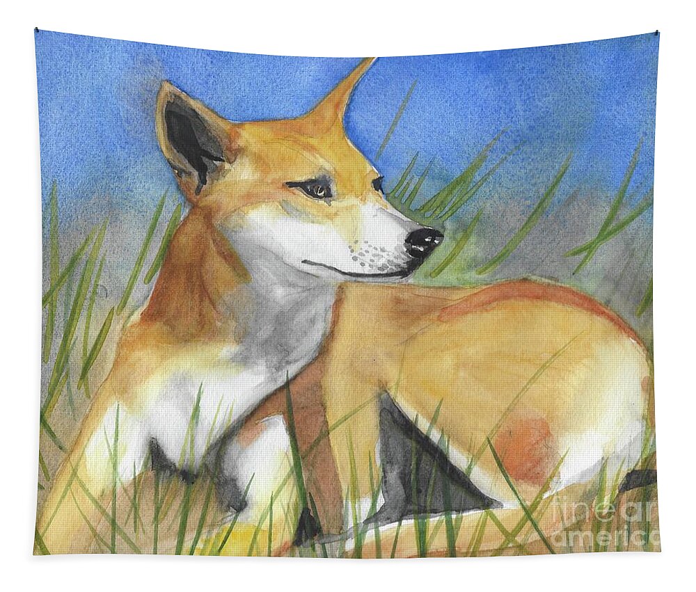 Dingo Tapestry featuring the painting Dinggu - Wiradjuri - Dingo, native dog by Vicki B Littell