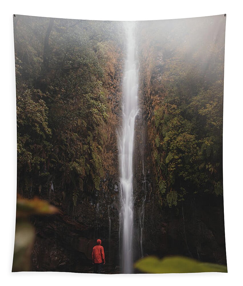 25fontes Waterfall Tapestry featuring the photograph Discoverer standing under 25 fontes waterfall, Madeira by Vaclav Sonnek