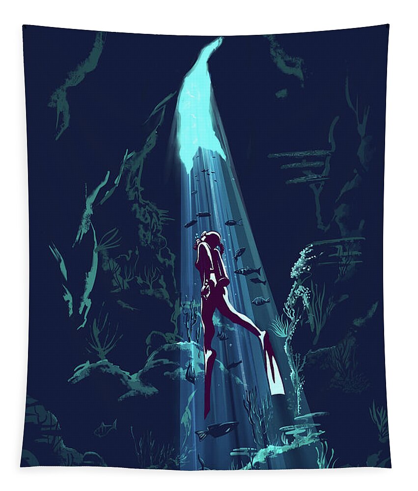 Cinote Tapestry featuring the digital art Diver resurfaces by Sassan Filsoof