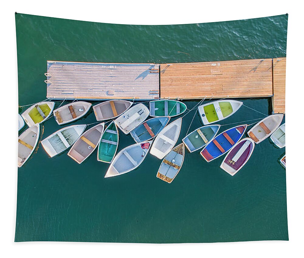 Docks Tapestry featuring the photograph Dock and Dory by Veterans Aerial Media LLC