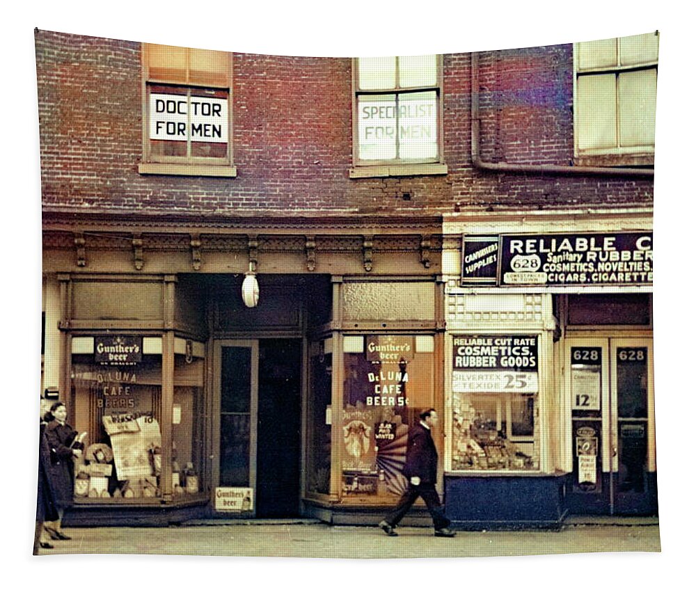Colorized Tapestry featuring the photograph Doctor for Men on East Baltimore Street 1939 by Bill Swartwout