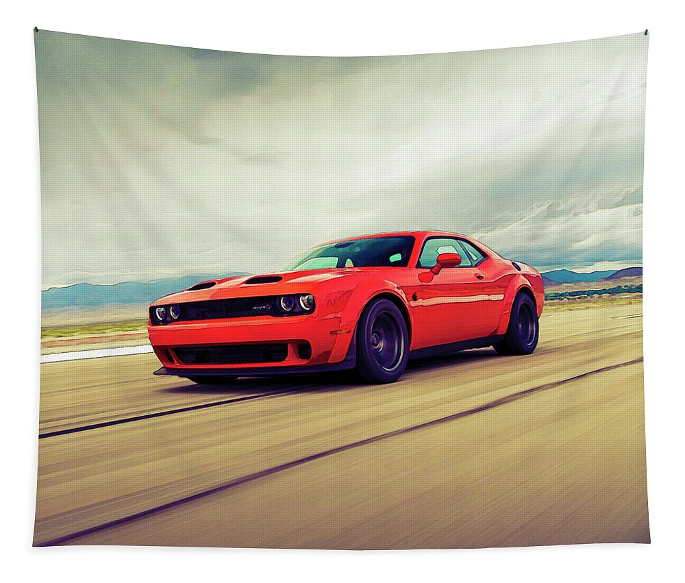 Oil On Canvas Tapestry featuring the digital art Dodge Challenger SRT Super Stock by Celestial Images