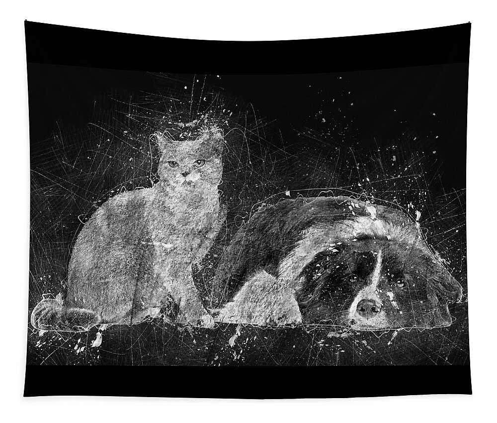 Black Tapestry featuring the painting Dog and Cat - Border Collie and American Shorthair by Custom Pet Portrait Art Studio