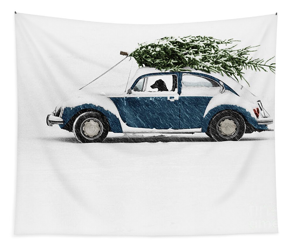 Americana Tapestry featuring the photograph Dog in Car with Christmas Tree by Ulrike Welsch