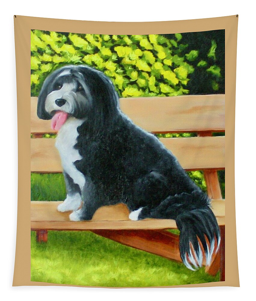 Pet Portrait Tapestry featuring the painting Dog on a Park Bench by Tracy Hutchinson