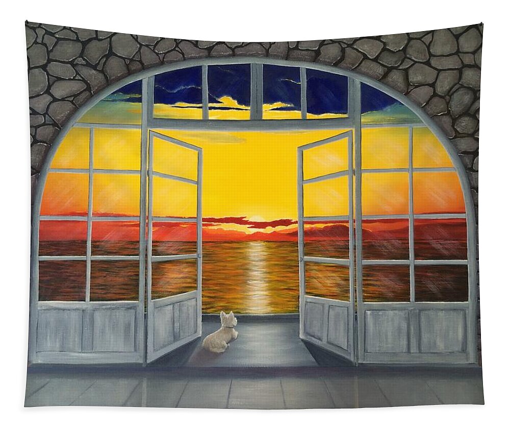 Seascape Tapestry featuring the painting Dog With A View by Marlene Little