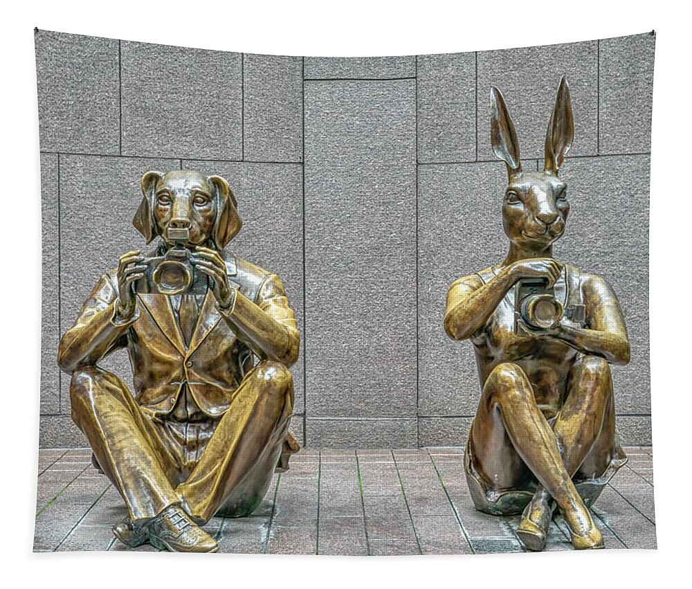 Paparazzi Dogman And Paparazzi Rabbitgirl Tapestry featuring the photograph Dogman and Rabbitgirl by Penny Polakoff