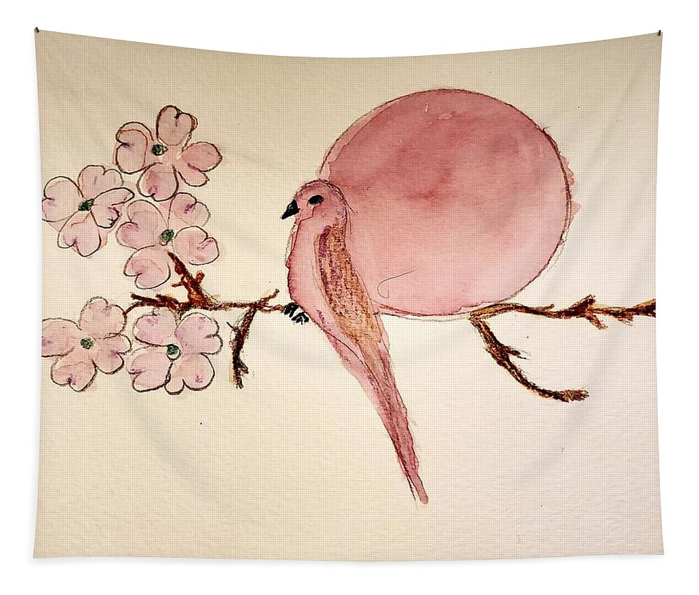  Tapestry featuring the painting Dogwood, bird and a pink moon by Margaret Welsh Willowsilk