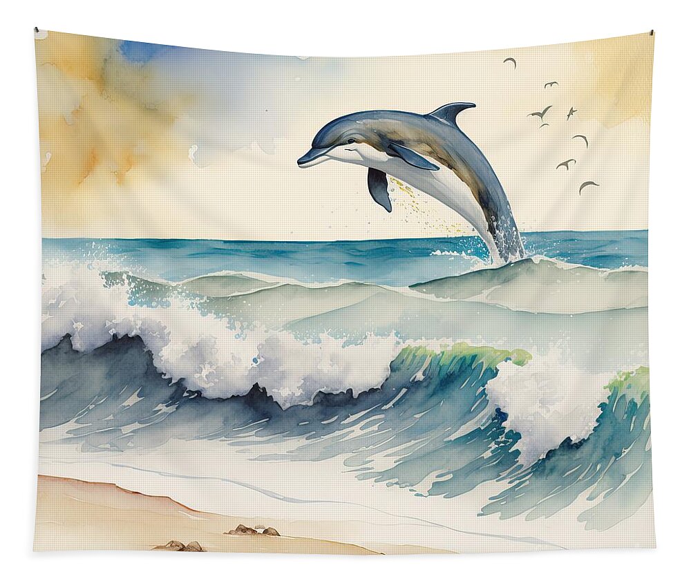 Marine Tapestry featuring the painting Dolphin At Beach by N Akkash