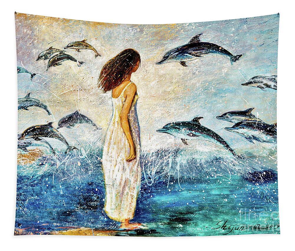 Dolphin Tapestry featuring the painting Dolphin Bay by Shijun Munns
