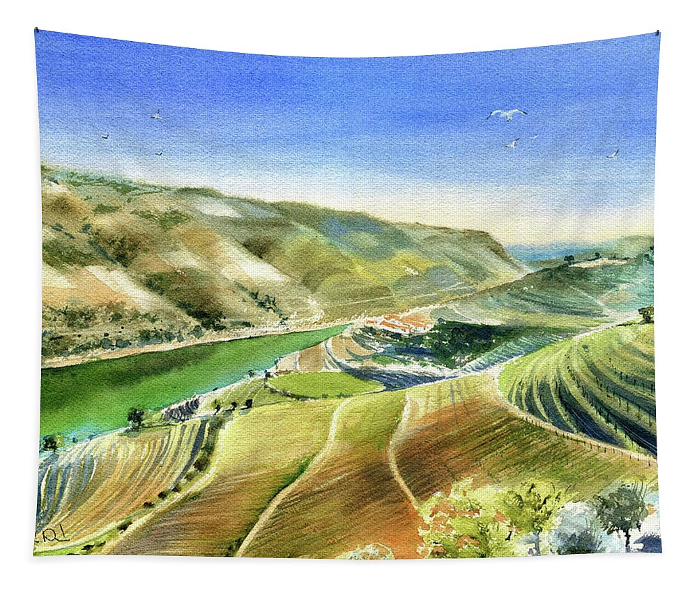 Portugal Tapestry featuring the painting Douro Valley Scenery Painting by Dora Hathazi Mendes