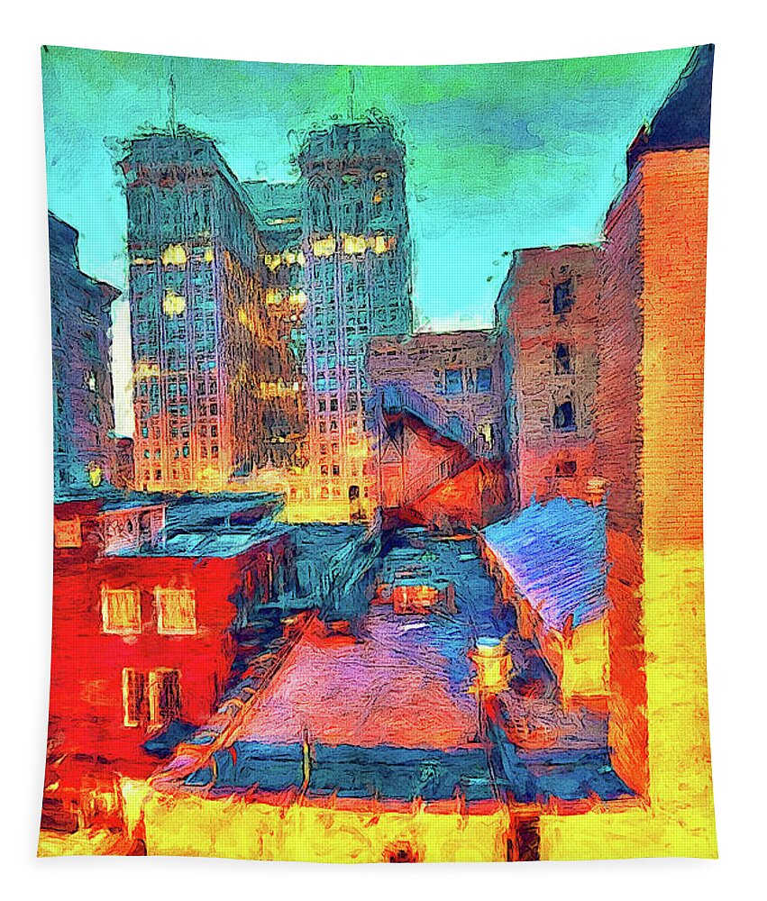 North Carolina Tapestry featuring the painting Downtown Colorful Greensboro ap by Dan Carmichael