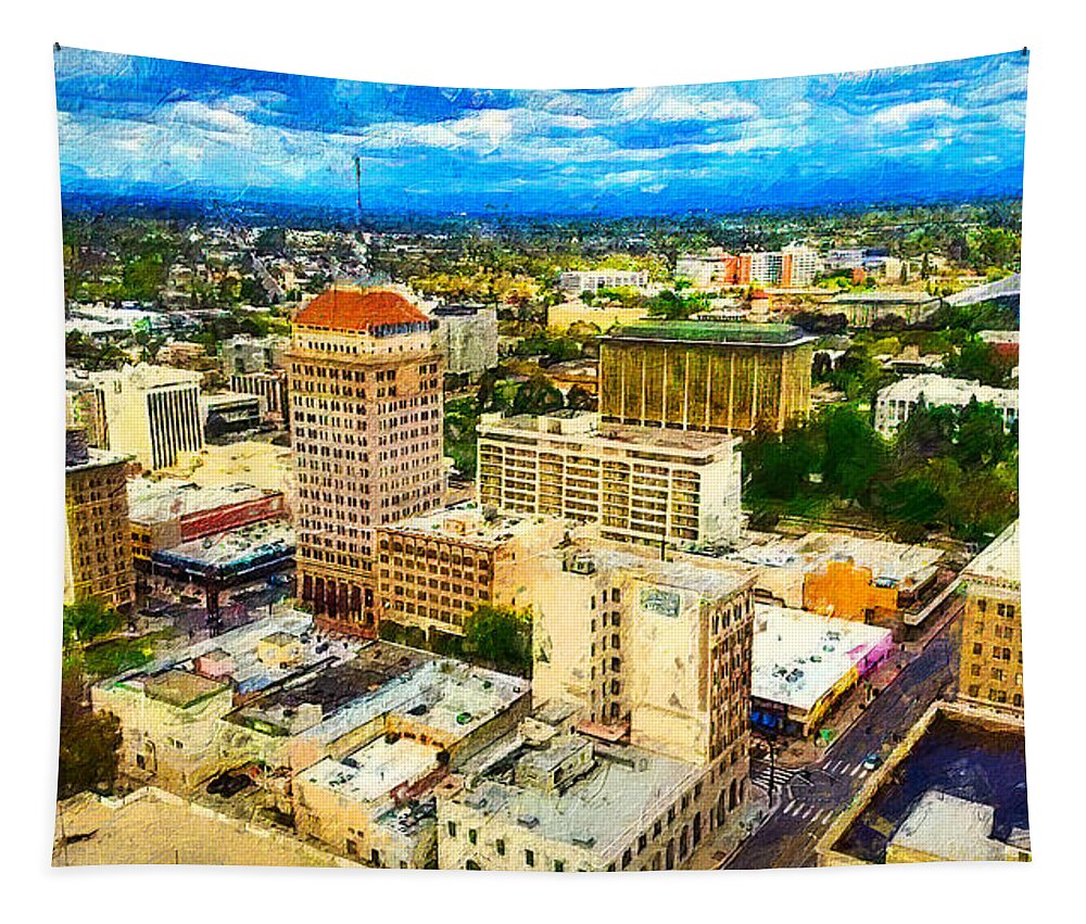 Fresno Tapestry featuring the digital art Downtown Fresno, California, digital painting by Nicko Prints