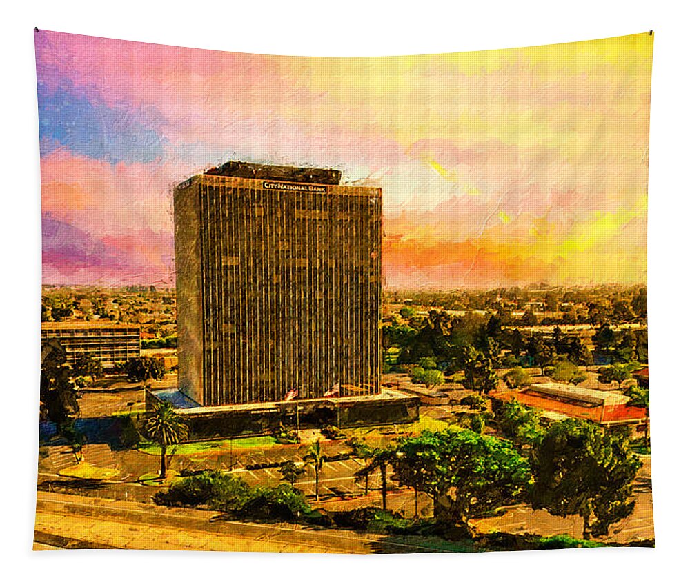 Downtown Oxnard Tapestry featuring the digital art Downtown Oxnard, California, at sunset - digital painting by Nicko Prints