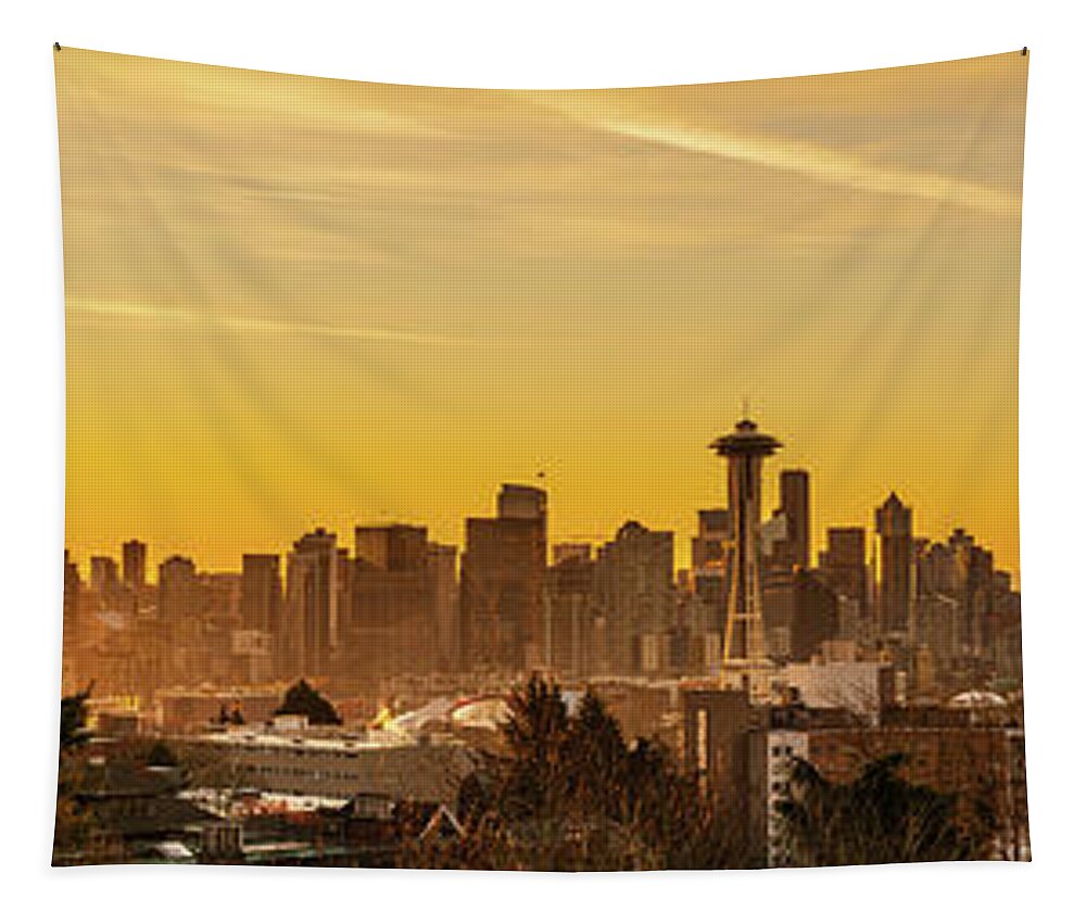 Outdoor; Sunrise; Dawn; Winter; Skyline; Colors; Cloud; Space Needle; Downtown; Seattle; Beautiful Sky; Washington Beauty; Pacific Northwest; Mt Rainier Tapestry featuring the digital art Downtown Seattle Sunrise Panaroma by Michael Lee