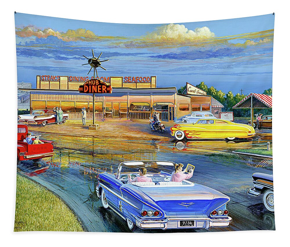 1958 Tapestry featuring the painting Dragging the Circle - Hub Diner by Randy Welborn
