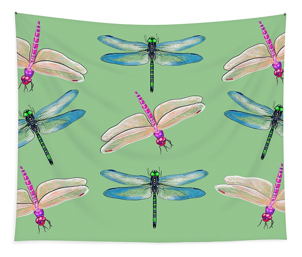 Dragonflies Tapestry featuring the mixed media Dragonflies Over Grass by Judy Cuddehe