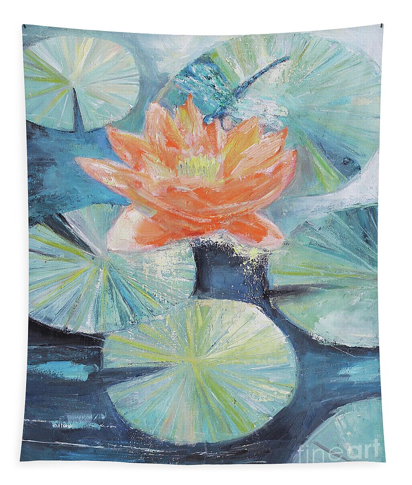 Lotus Tapestry featuring the painting Dragonfly And Lotus by Manami Lingerfelt