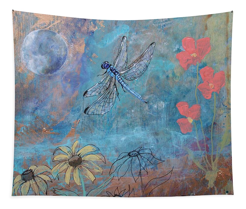 Dragonfly Tapestry featuring the painting Dragonfly Moon by Robin Pedrero