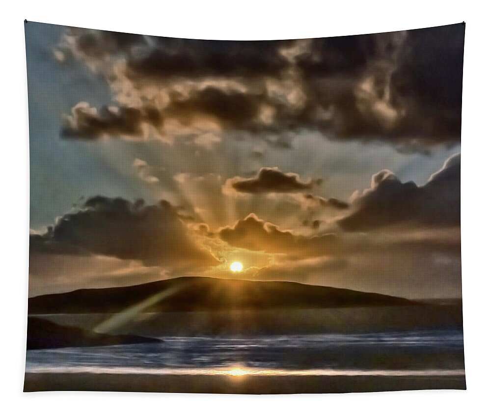 Dramatic Sunset Blue Yellow Round Sun Rays Glen Water Sea Mountain Beautiful Magnificent Stunning Serenity Solitary Nature Powerful Clouds Sky Shining Scotland Harris Highlands Mountains Setting Landscape Panorama Panoramic Breathtaking Spectacular Exciting Mindfulness Relaxing Artistic Unwinding Stylish Exceptional Singular Memorable Phenomenal Eccentric Awesome Electrifying Stimulating Intoxicating Sensational Thrilling Splendid Atmospheric Aesthetic Charming Outer Hebrides Fantastic Magical Tapestry featuring the photograph Dramatic sunset at sea and mountains by Tatiana Bogracheva