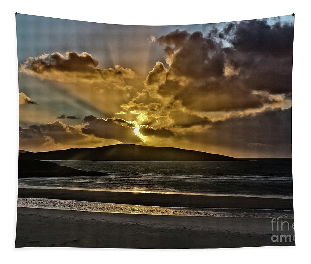 Dramatic Sunset Blue Yellow Round Sun Rays Glen Water Sea Mountain Beautiful Magnificent Stunning Serenity Solitary Nature Powerful Clouds Sky Shining Scotland Harris Highlands Mountains Setting Landscape Panorama Panoramic Breathtaking Spectacular Exciting Mindfulness Relaxing Artistic Unwinding Stylish Exceptional Singular Memorable Phenomenal Eccentric Awesome Electrifying Stimulating Intoxicating Sensational Thrilling Splendid Atmospheric Aesthetic Charming Outer Hebrides Fantastic Magical Tapestry featuring the photograph Dramatic sunset at sea and mountains by Tatiana Bogracheva