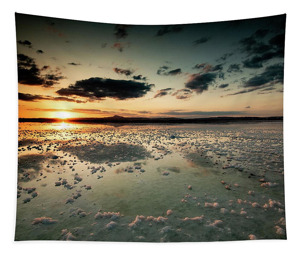 Sunset Tapestry featuring the photograph Dramatic winter sunset in the lake. by Michalakis Ppalis