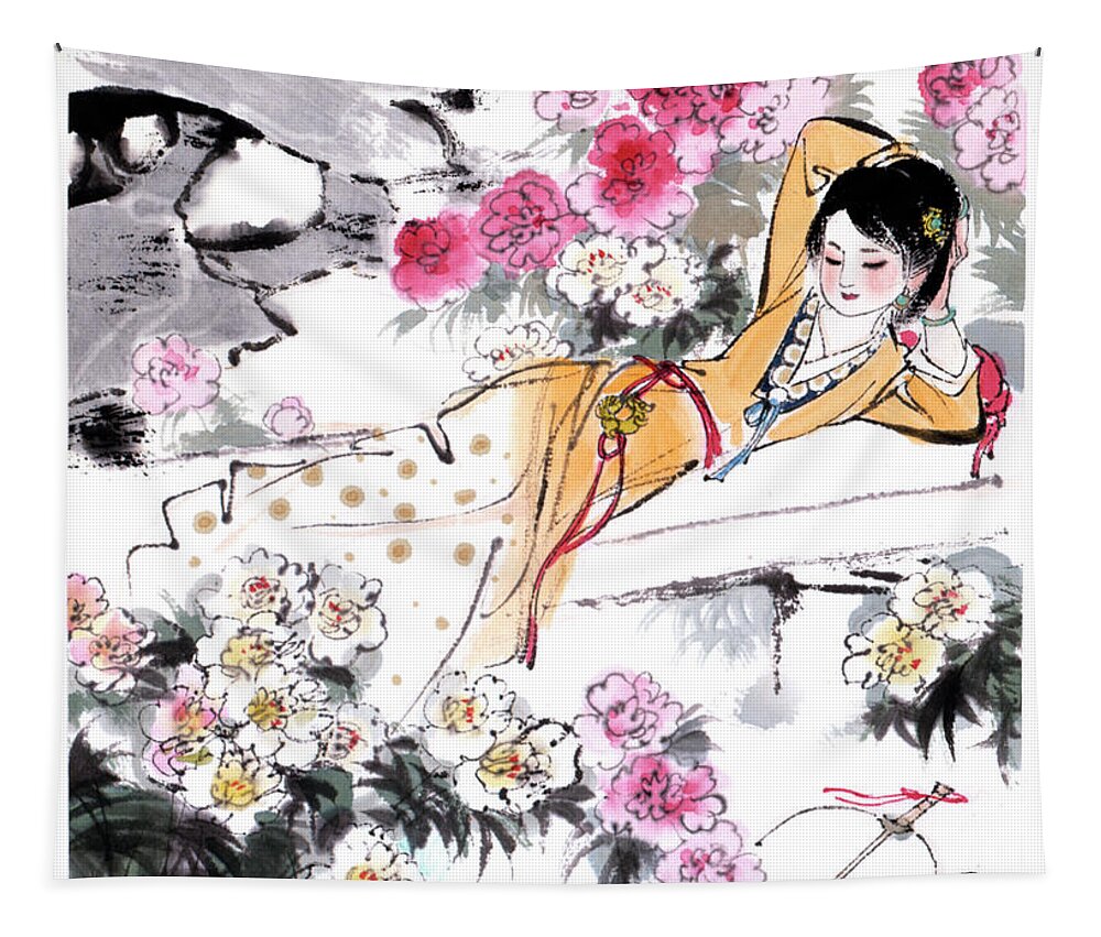 Liu Danzhai Tapestry featuring the painting Dream of the Red Chamber - Woman Laying In Garden by Liu Danzhai