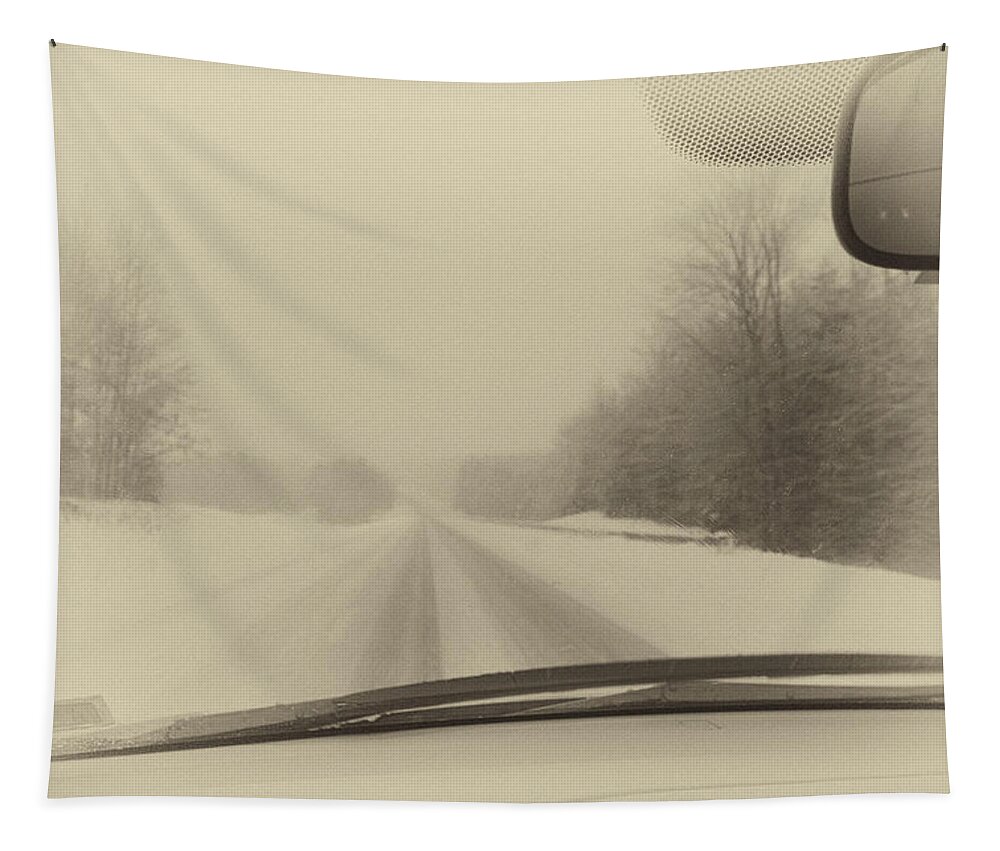 Snow Tapestry featuring the photograph DriversVermontSnowStormView by Russel Considine