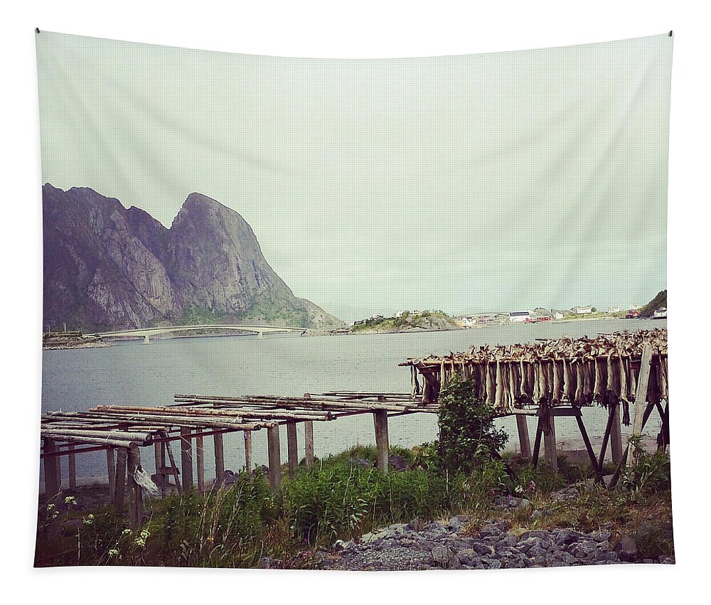 Fish Tapestry featuring the mixed media drying fish Lofoten by Joelle Philibert