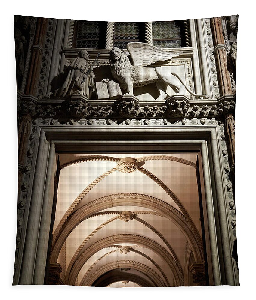 Art Tapestry featuring the photograph DSC4886 - Doge's Palace Door by night, Venice by Marco Missiaja