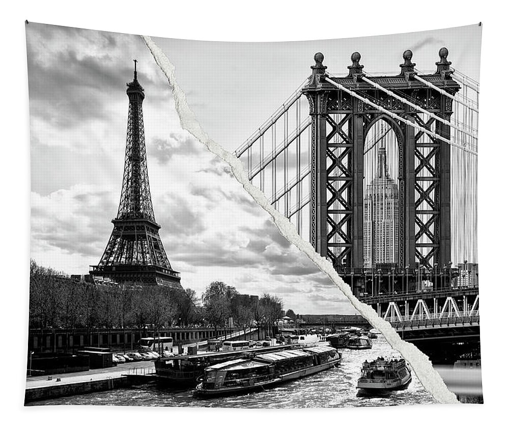 Eiffel Tower Tapestry featuring the photograph Dual Torn Collection - Paris New York BW by Philippe HUGONNARD