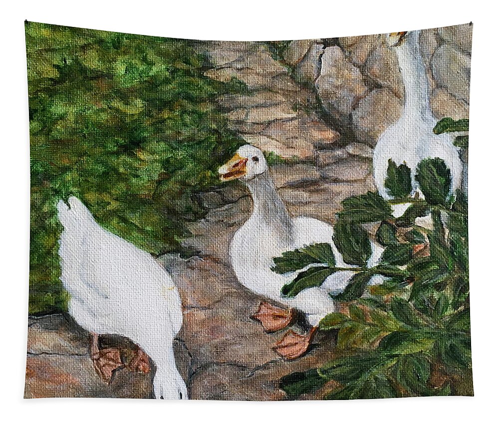 Ducks Tapestry featuring the painting Ducks at Pognana Lario by Bonnie Peacher