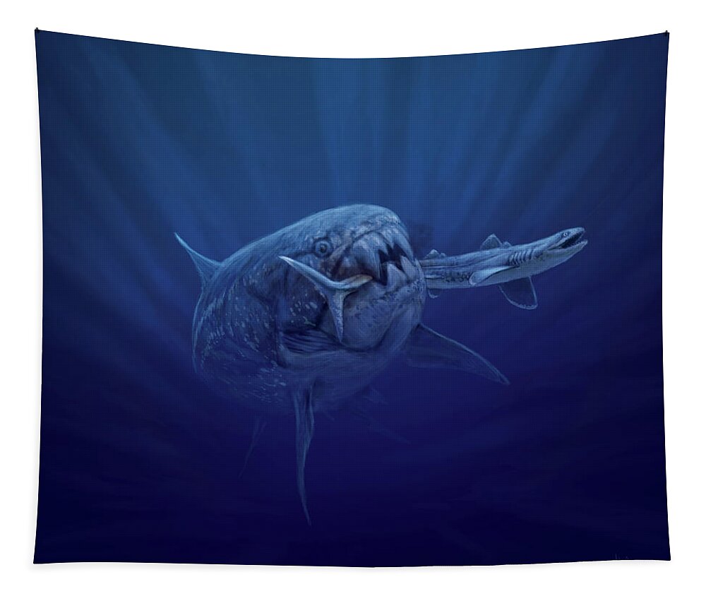 Dunkleosteus Tapestry featuring the digital art Dunkleosteus hunting by Julius Csotonyi