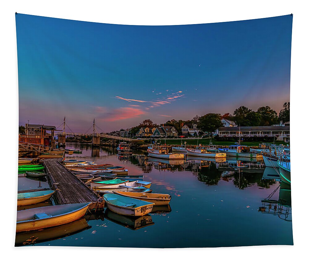 Perkins Cove Tapestry featuring the photograph Dusk at Perkins Cove by Penny Polakoff