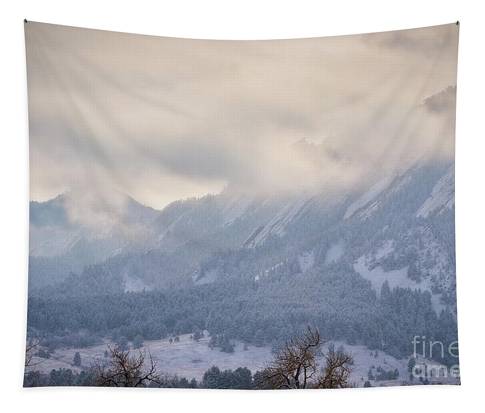 Flatirons Tapestry featuring the photograph Dusted Flatirons in Boulder Colorado by Abigail Diane Photography