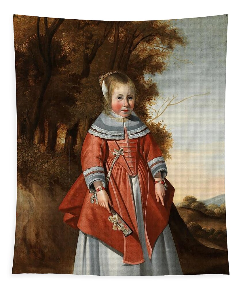 Dutch Tapestry featuring the painting Dutch School mid th Century Portrait of a girl in a red dress standing in a by MotionAge Designs