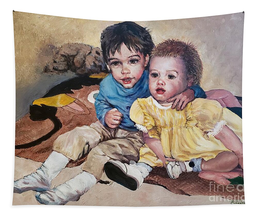 Children Tapestry featuring the painting Dynamic Duo by Merana Cadorette