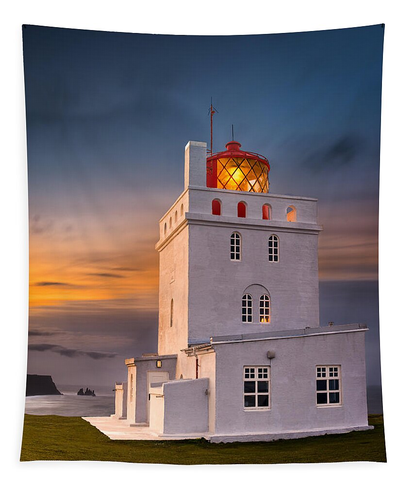 Dyrholaey Tapestry featuring the photograph Dyrholaey Lighthouse by Peter Boehringer
