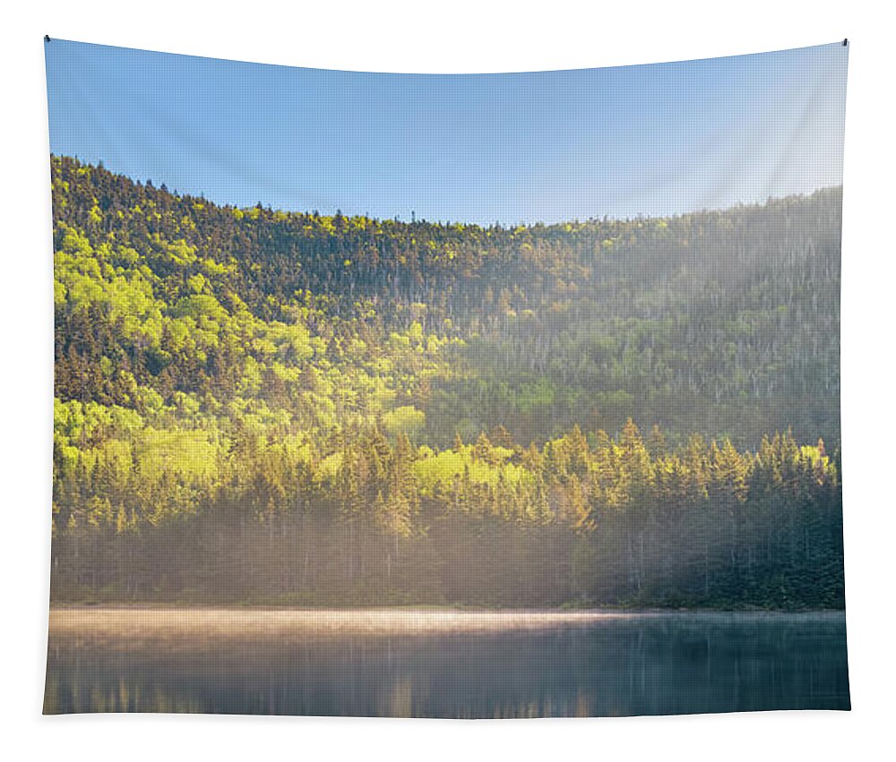 Mountain Tapestry featuring the photograph Early Morning Shaft of Sunlight Shines Down on East Pond Panoramic by William Dickman
