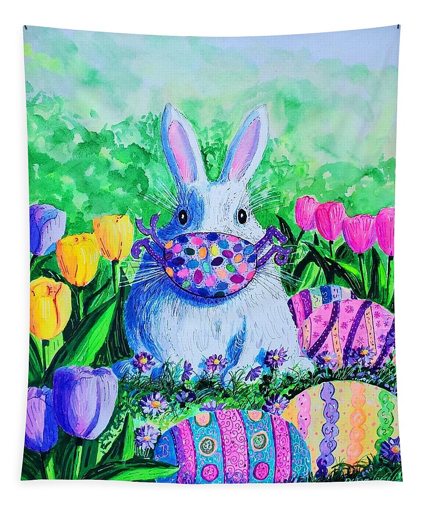 Easter 2020 Was Painted During The Covid-19 Pandemic. Masks Have Since Become The Norm As Well As Social Distancing. Tapestry featuring the painting Easter Bunny Mask by Diane Phalen