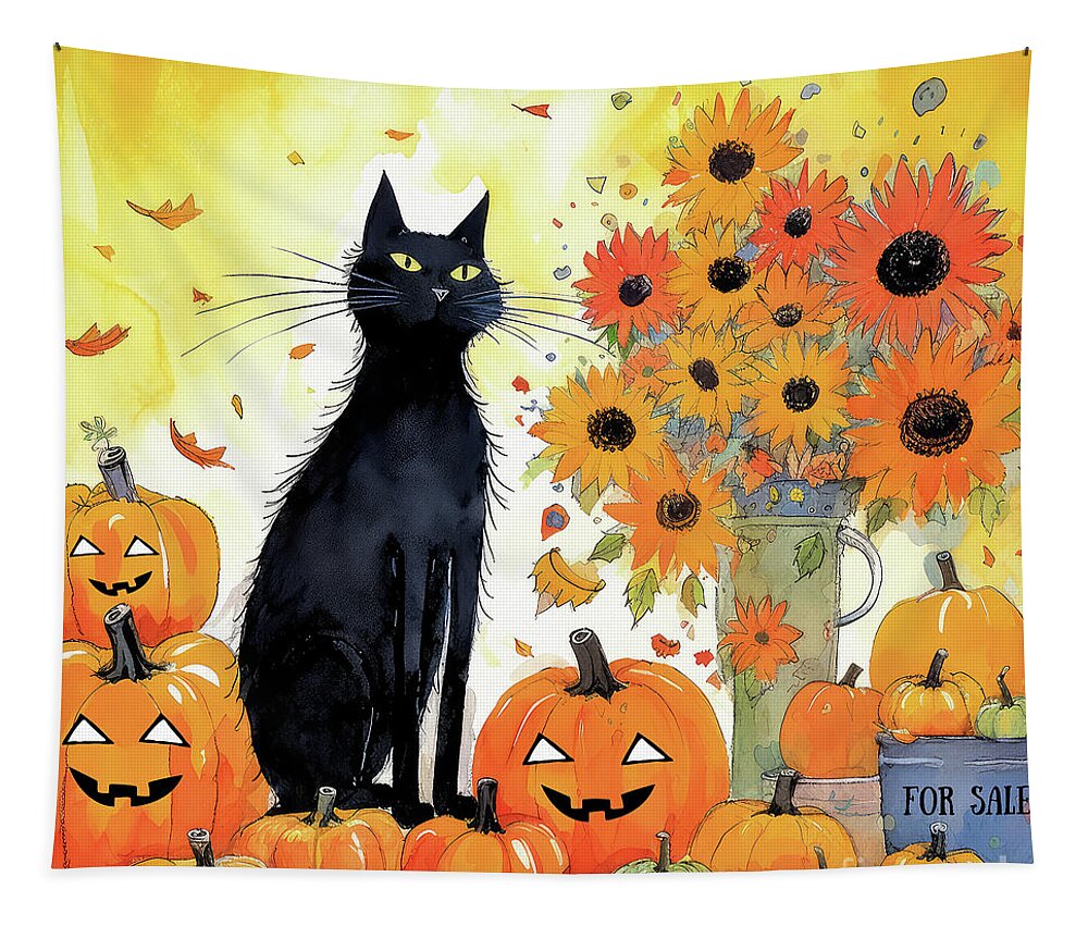Black Cat Tapestry featuring the painting Ebony At The Farm Stand by Tina LeCour