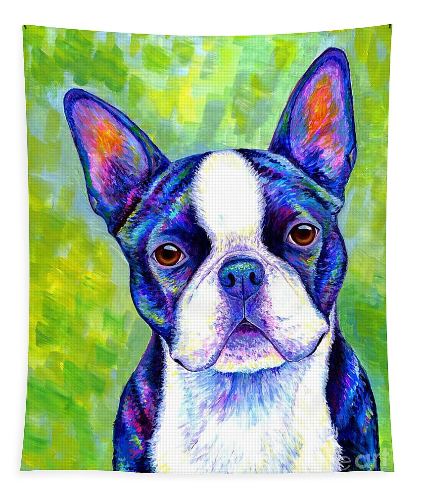 Boston Terrier Tapestry featuring the painting Effervescent - Colorful Boston Terrier Dog by Rebecca Wang